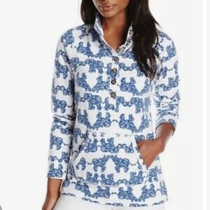 Lilly Pulitzer Navy Pack Your Trunks Elephant Half Button Captain Popover Blouse